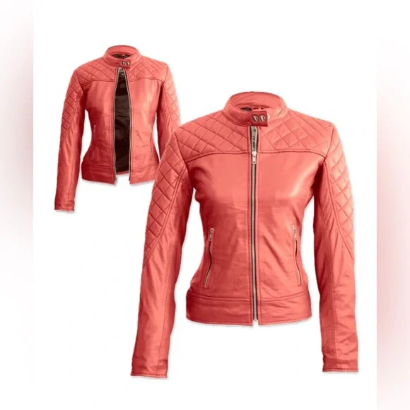 NWT [Leather Skin] Quilted 100% Genuine Leather Moto Jacket in Pink Women’s L - Picture 2 of 15